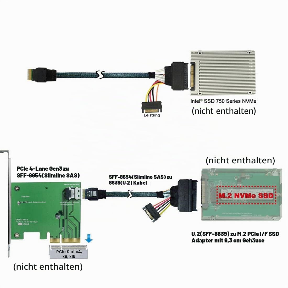 chenyang PCIe 4.0 SFF-8654 auf SFF-8639 Kabel mit SATA-Stromversorgung für U.2 SFF-8639 NVME SSD Motherboard Interne Erweiterung 1,64 FT/0,5 M