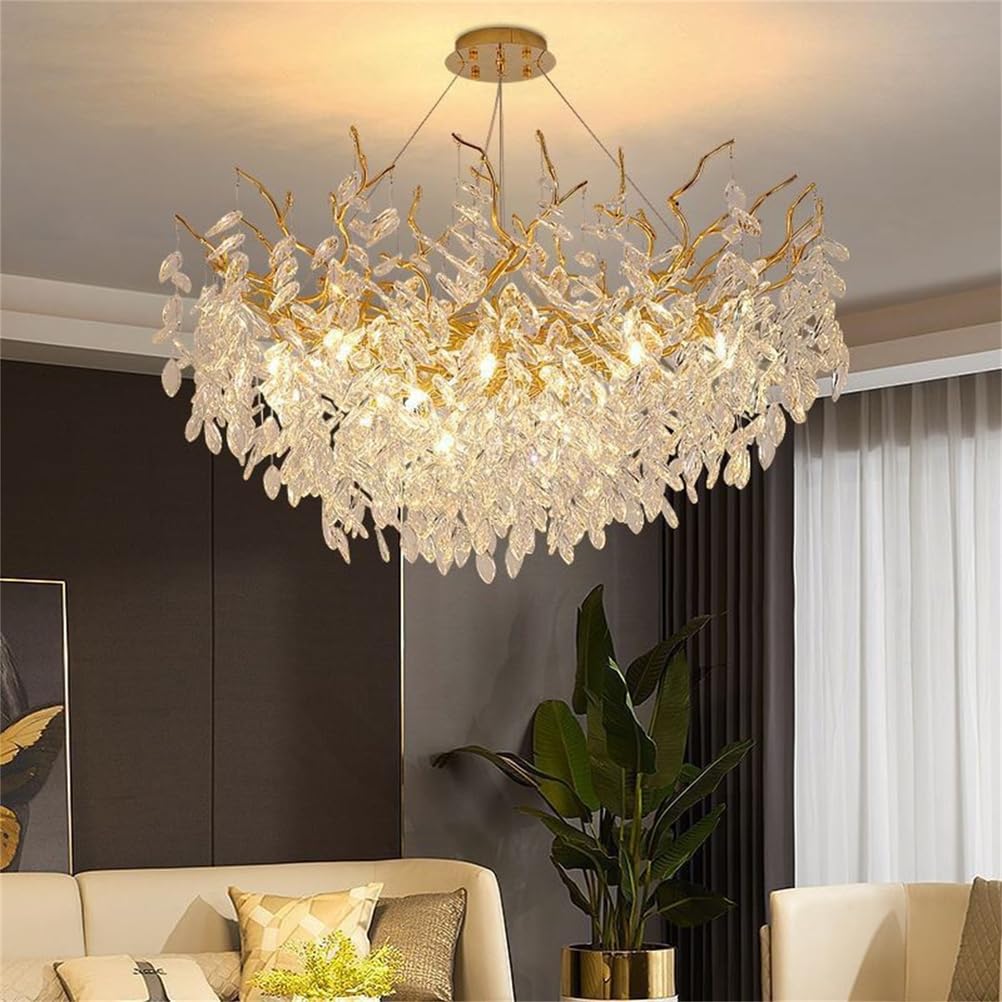 PLQWUJD Modern Chandelier Modern Crystal Chandelier D80cm Round Chandeliers for Dining Room,Gold Tree Branches Chandelier Lighting, Room Over Table,Branches and Crystals Ceiling Light Fixtures