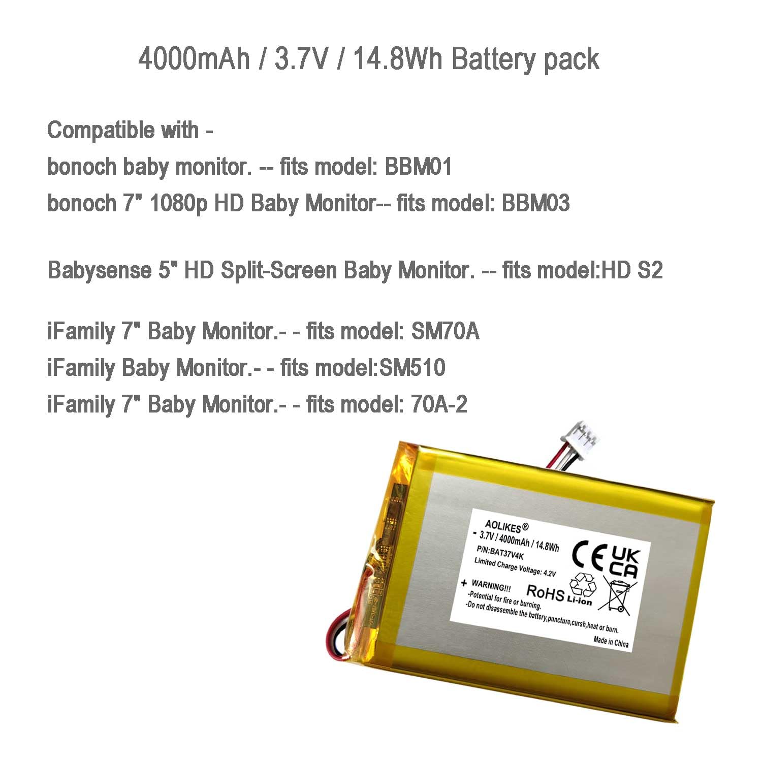 Batterie de rechange 4000 mAh 3,7 V pour Bonoch BBM03, BBM01 Babyphone vidéo Babysense HD S2
