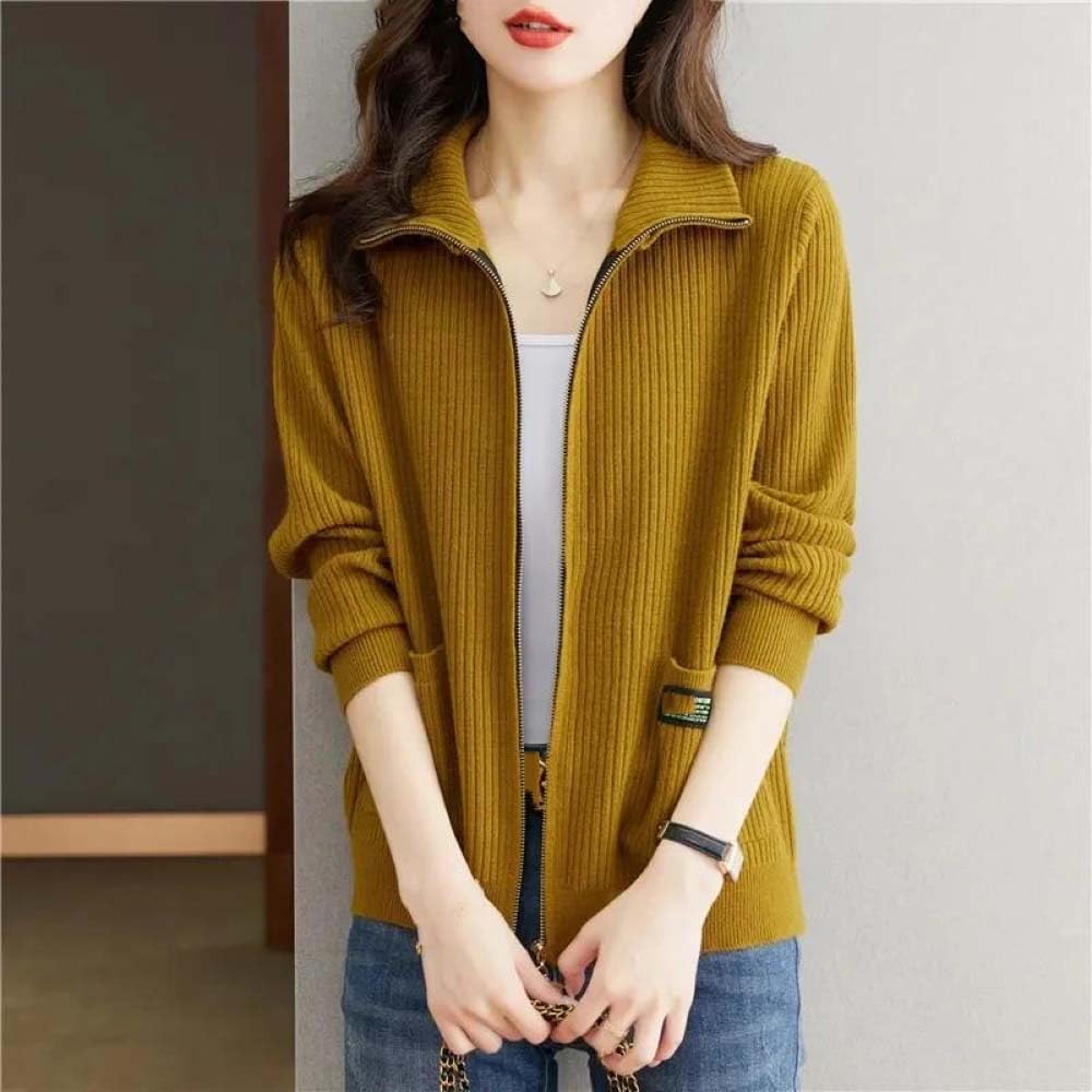 Pulcykp Women Knit Zip Up Cardigan Sweater Long Sleeve Casual Jacket with Pockets Lightweight Ribbed