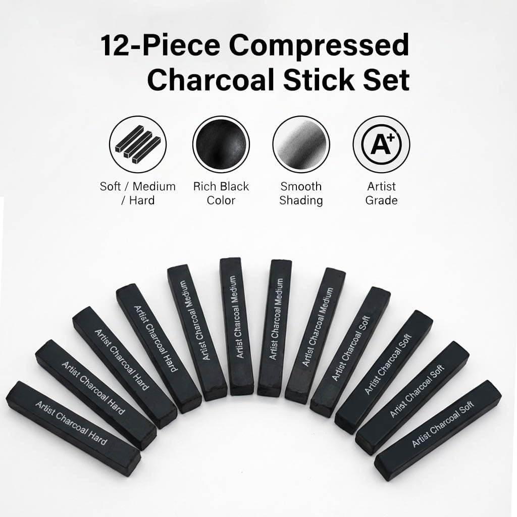 Compressed Charcoal Sticks Set, 12 Pack Soft Medium Hard Charcoal for Drawing, Sketching and Shading, Drawing Sticks Set for Artists, Sketching Supplies and Art Supplies
