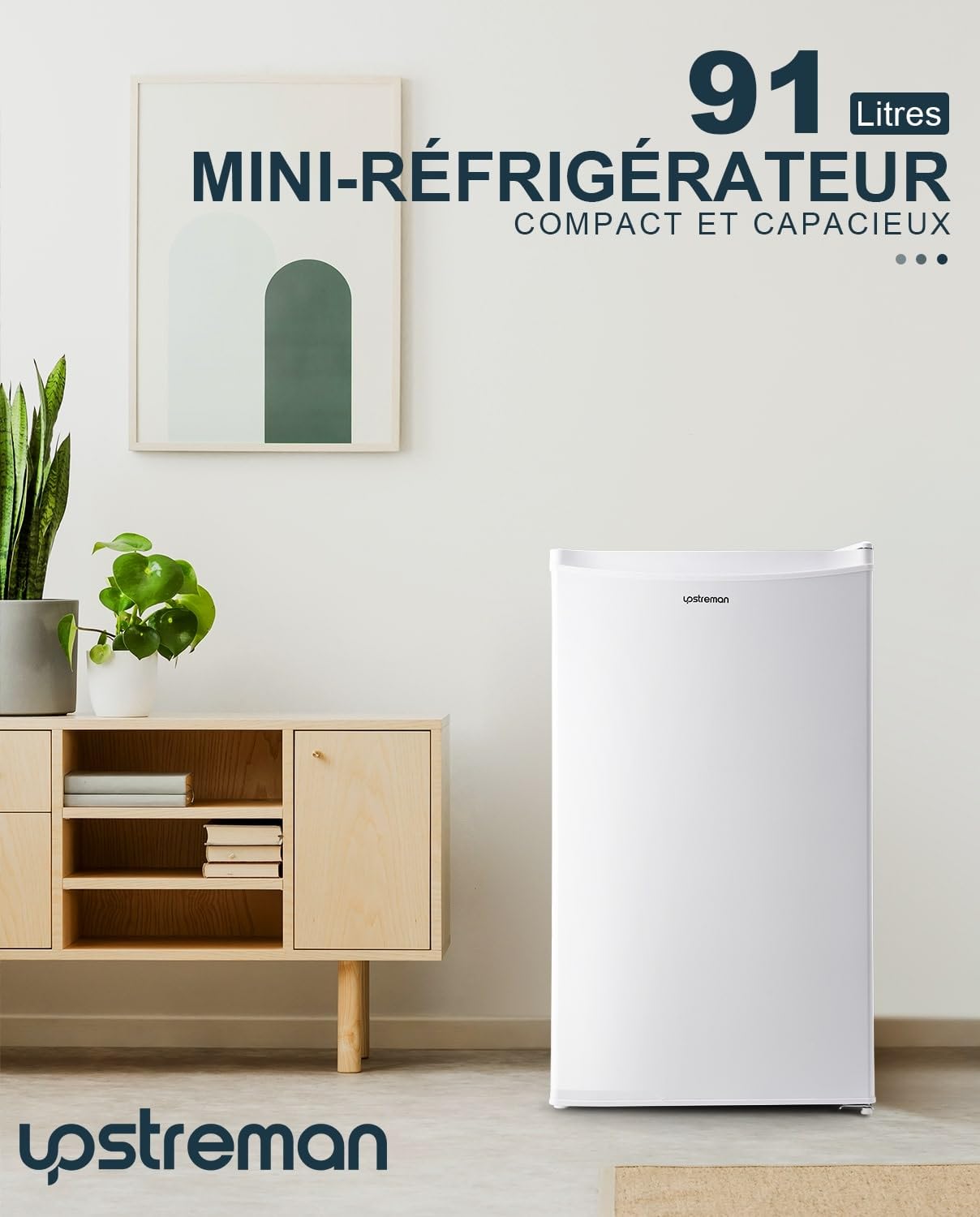 Upstreman Réfrigérateur 91L avec Congélateur, Bac à Légumes, Thermostat Réglable, Silencieux, Porte Réversible, Blanc - BR321