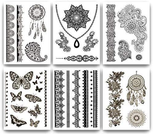 Terra Tattoos Temporary Henna Tattoos - 50 Black Fake Tattoos Flowers Mandalas Arm Bands Dream Catchers Butterflys