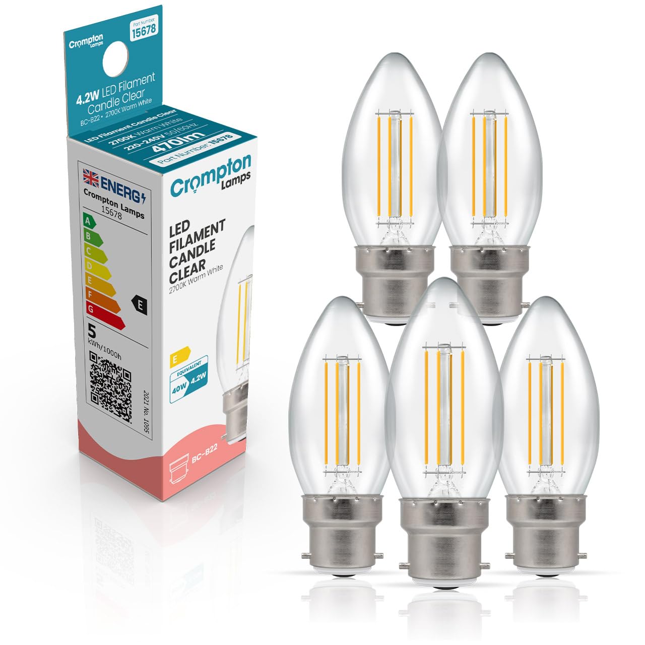 Crompton Lamps Filament Candle LED Light Bulb BC-B22d | 4.2W = 40W Equivalent | Warm White 2700K | Energy Efficient | Bayonet Lightbulb | Long Life 15000-Hrs | Clear Glass | 5-Pack โ image 1