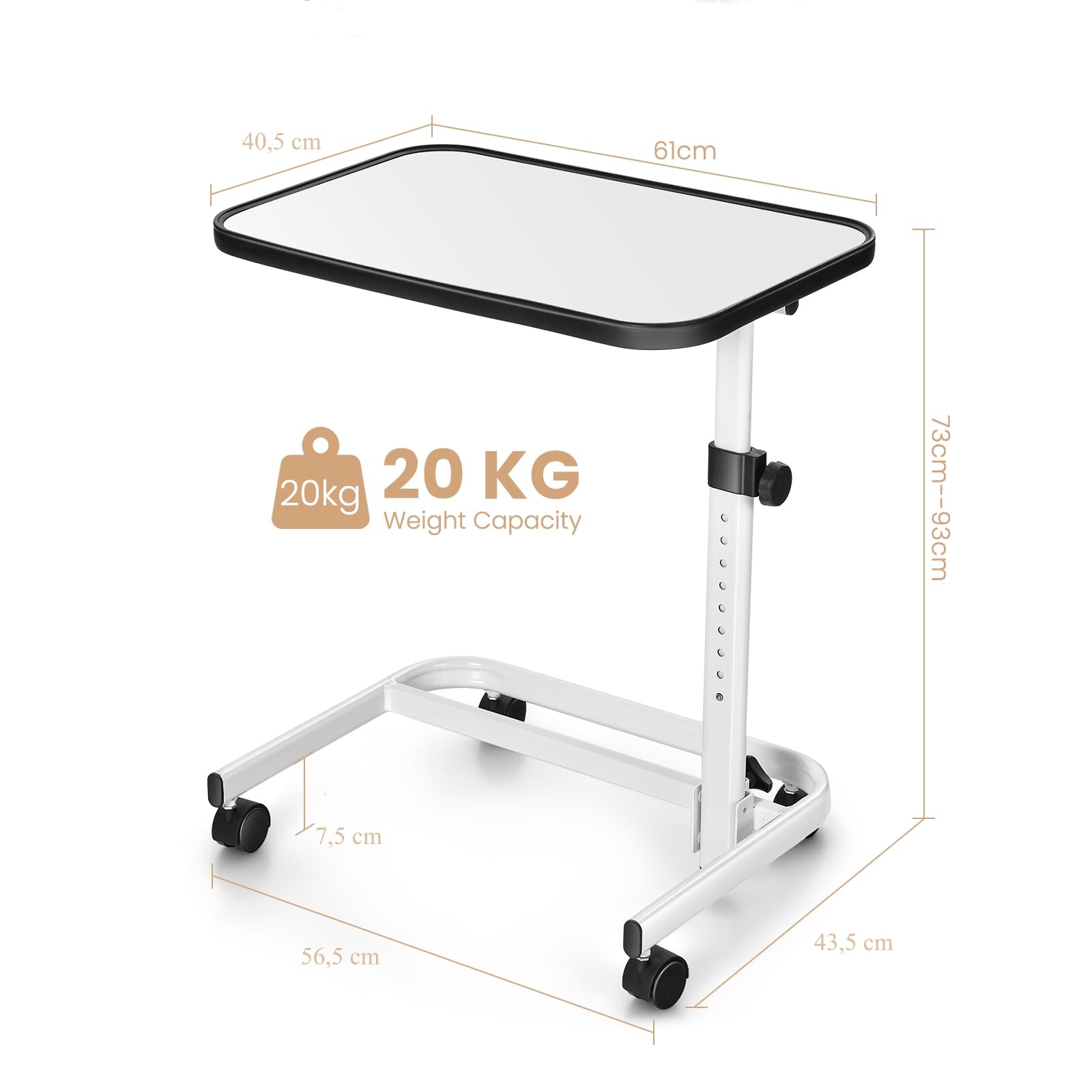 LIFEZEAL Table d'Appoint avec roulettes, Table de Lit Réglable en Hauteur, Bureau Assis Debout Rotative à 180°, Table pour Ordinateur Portable, 61 x 40,5 CM, Blanc
