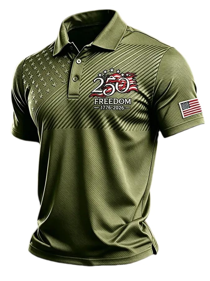 Mens American Flag Print Casual Polo Shirt U.S. 250Th Anniversary 250 Years of Freedom 1776-2026 Button Tee (Army X-Large)