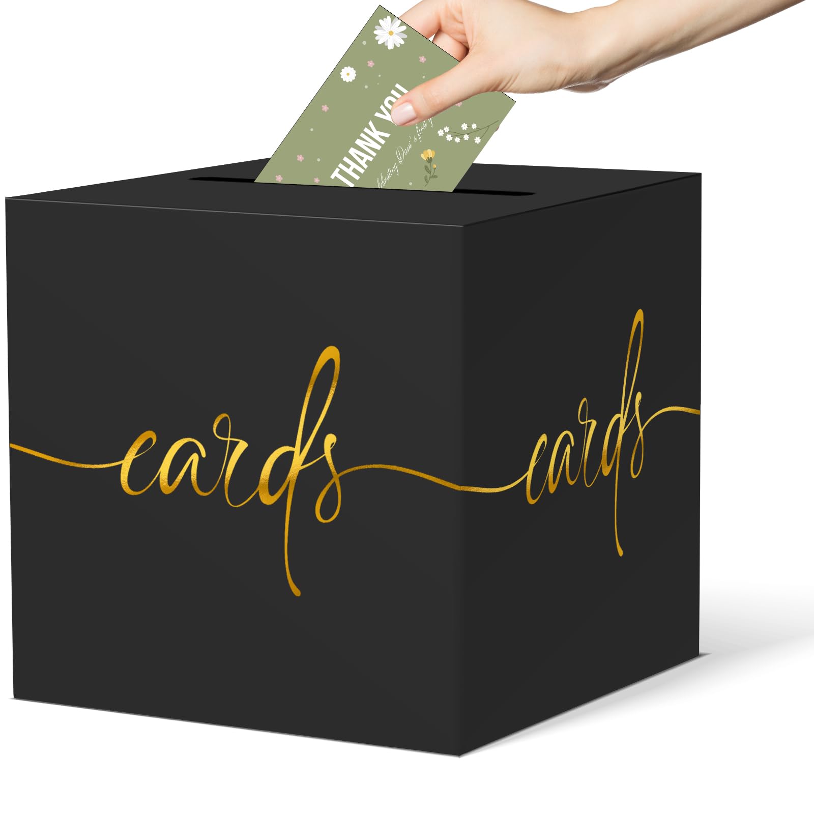 Black Card Box with Gold Foil Design, Paperboard 8.7" Gift Card Holder for Wedding Graduation Birthday Party Reception Retirement Anniversary Bridal &amp; Baby Shower