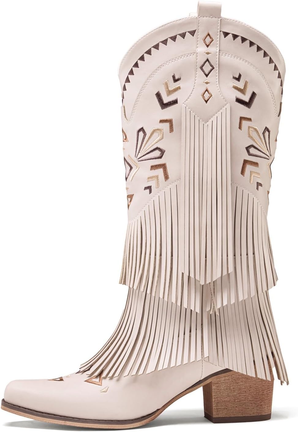 Cowboy Boots for Women Fringe Embroidered Knee High Western Cowgirl Boots Pointed Toe Chunky Heels - Image 4