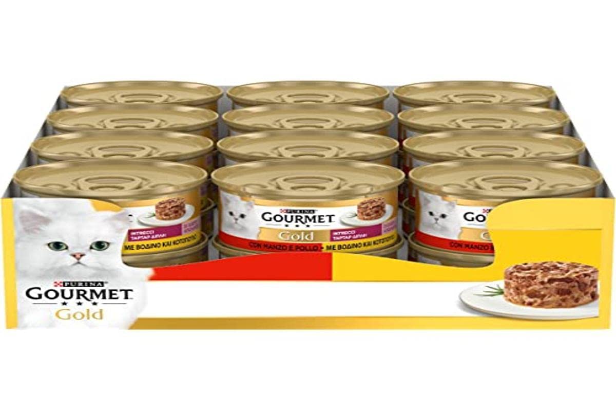 Purina Gourmet Gold Geflechte di Gusto – Nassfutter für Katzen, Huhn & Rind, 24 Dosen à 85 g