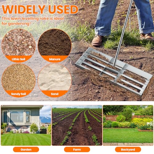 Lawn Leveling Rake, 30” x10”Stainless Steel Lawn Leveler Tool, Ground Leveler for Yard with 78”Adjustment Long Handle, Levelawn Lute for Grass, Golf Field, Garden and Courtyard 7 Lawn Leveling Rake, 30” x10”Stainless Steel Lawn Leveler Tool, Ground Leveler for Yard with 78”Adjustment Long Handle, Levelawn Lute for Grass, Golf Field, Garden and Courtyard - Image 7