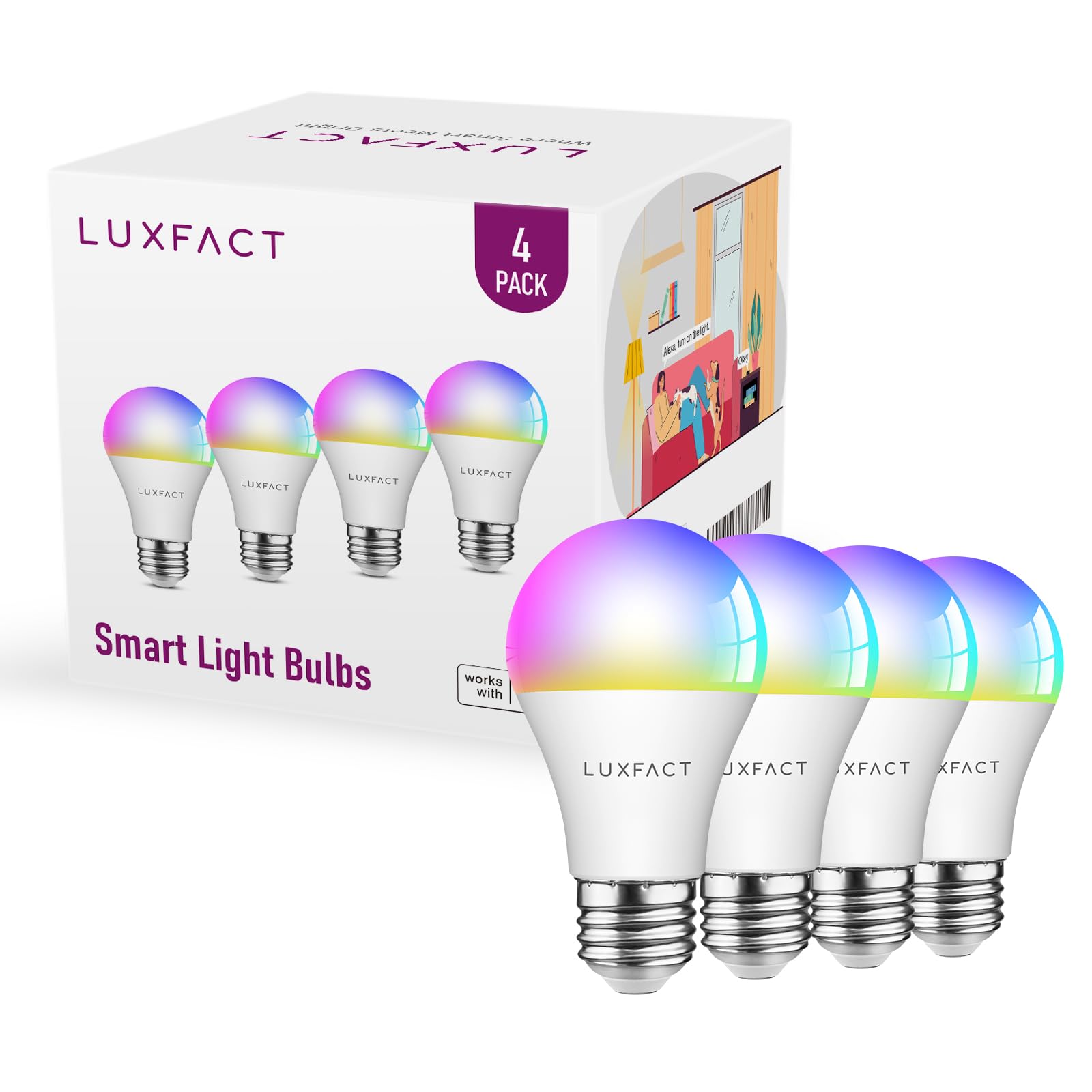 Alexa Light Bulbs, Smart Light Bulbs RGBCW Color Changing, A19 E26 Bluetooth Light Bulb Directly Compatible with Alexa/Smart Life, No WiFi Required, 9W 800LM 60W Equivalent, 4 Pack A19 60W 4