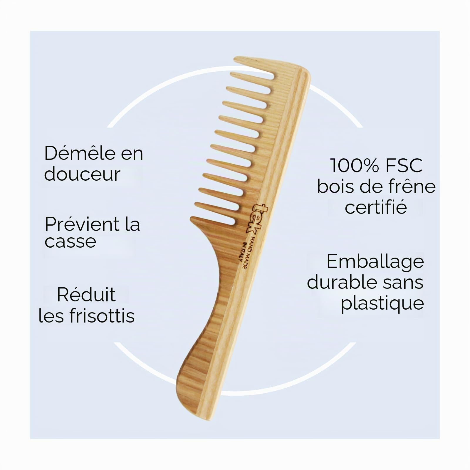 TEK - Peigne à Dents Larges et avec Manche en Bois de Frêne, Fabriqué à la Main en Italie, pour les Cheveux Normaux, Bouclés ou Ondulés - 20 x 4.5 cm