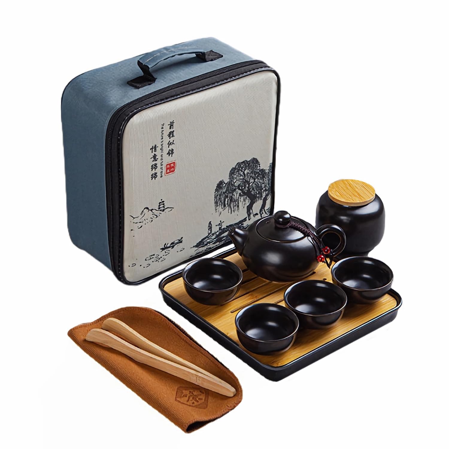 Set de tetera, servicio de té chino Kungfu, tetera de cerámica con 4 tazas y bandeja porta té, juego de viaje para té suelto, negro