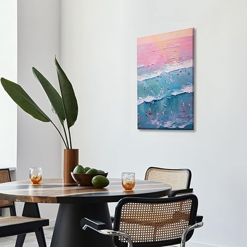 Miniatura 7 de Póster de pintura de surf vintage, gente pequeña, arte abstracto de olas del océano, arte de pared costero rosa y azul, impresión en lienzo de moda