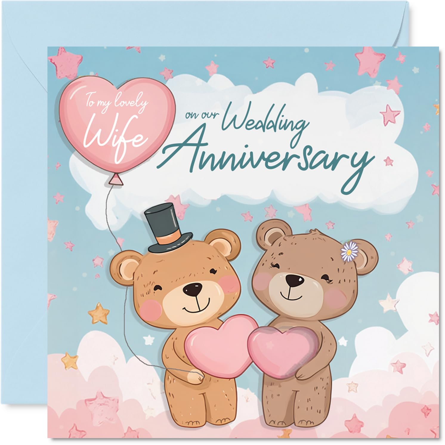 Wife Anniversary Card - Bears & Clouds - Happy Wedding Anniversary Card for Wife from Husband Partner, 145mm Anniversaries Greeting Cards