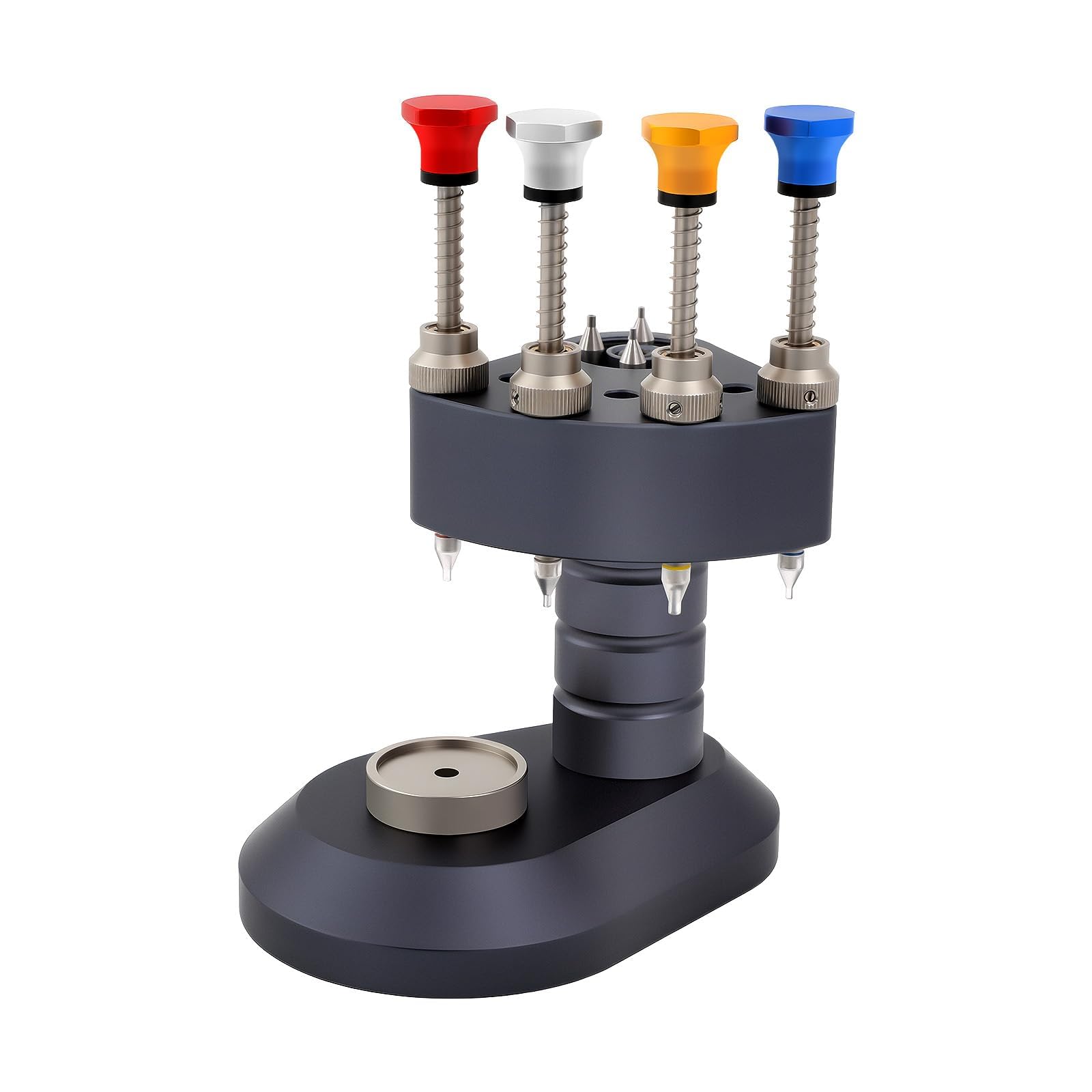 Prensador de manecillas de reloj de 4 pines, herramienta de ajuste de mano de reloj de aluminio con 4 puntas y base, kit de instalación de agujas de alta precisión para relojeros y talleres de