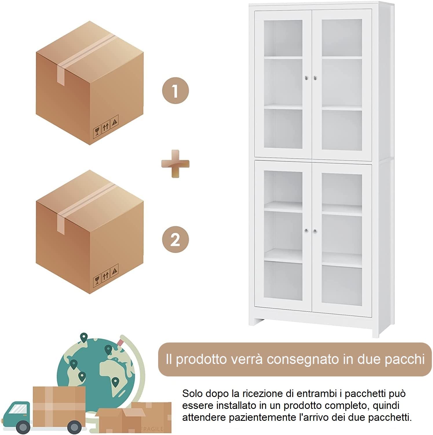 FOREHILL 190cm Libreria Vetrina Espositiva Alta,Armadietto con Vetrina Armadietto Laterale,Credenza Cucina con 4 Ante in Vetro 6 Scomparti,Vetrinetta per Soggiorno, Camera, Ufficio Bianco