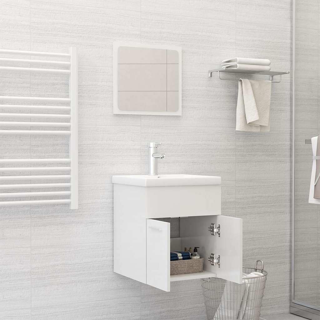 Juego de muebles de baño de color blanco brillante de madera con armario para lavabo, lavabo empotrado de cerámica, espejo, espacio de almacenamiento y sistema de desagüe para baño y