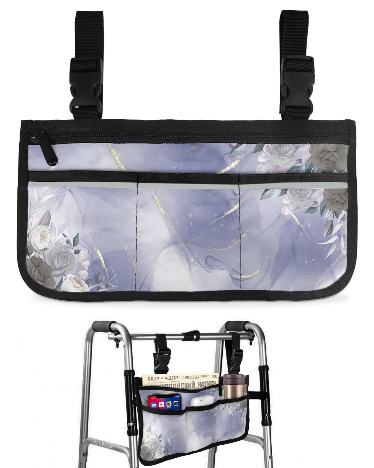 Purple Spring Floral Wheelchair Side Bag Walker Bag, Watercolor Flowers Violet Marble Wheelchair Accessories Armrest Pouch, Organizer Storage Bag for Walkers, Rollators, Scooters, 7.3''x13''