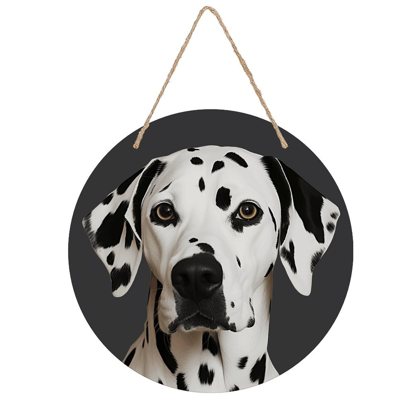 VstaDank Dalmatian Wall Art Decor with Ropes Wooden Hanging Sign Hanging Wall Decor Artwork Round Wood Painting Modern Wall Prints Decor Picture for Office Bar Home Decors