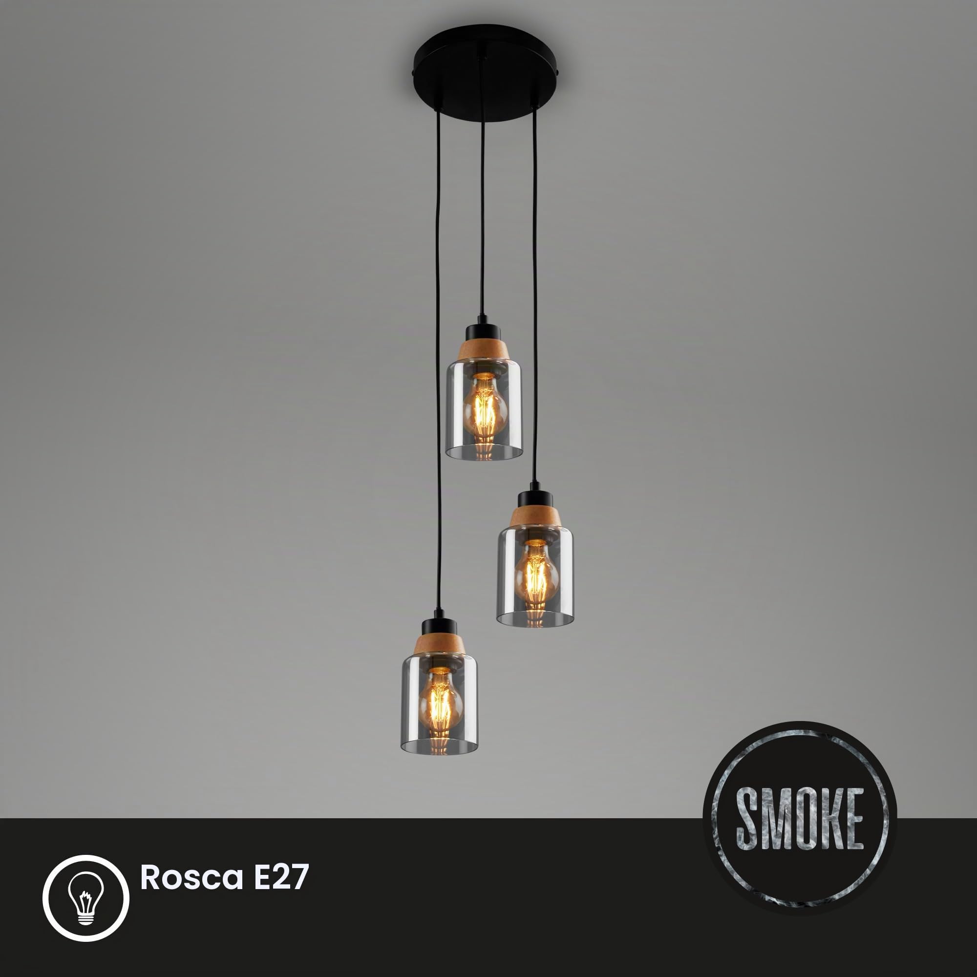 BRILONER - Lámpara Colgante de 3 Luces, Cristal Ahumado, Lámpara de Techo, Lámpara de Salón, Pantalla de Cristal Ahumado, Lámpara Colgante, Lámpara de Araña, Lámpara de Dormitorio, Madera Negra
