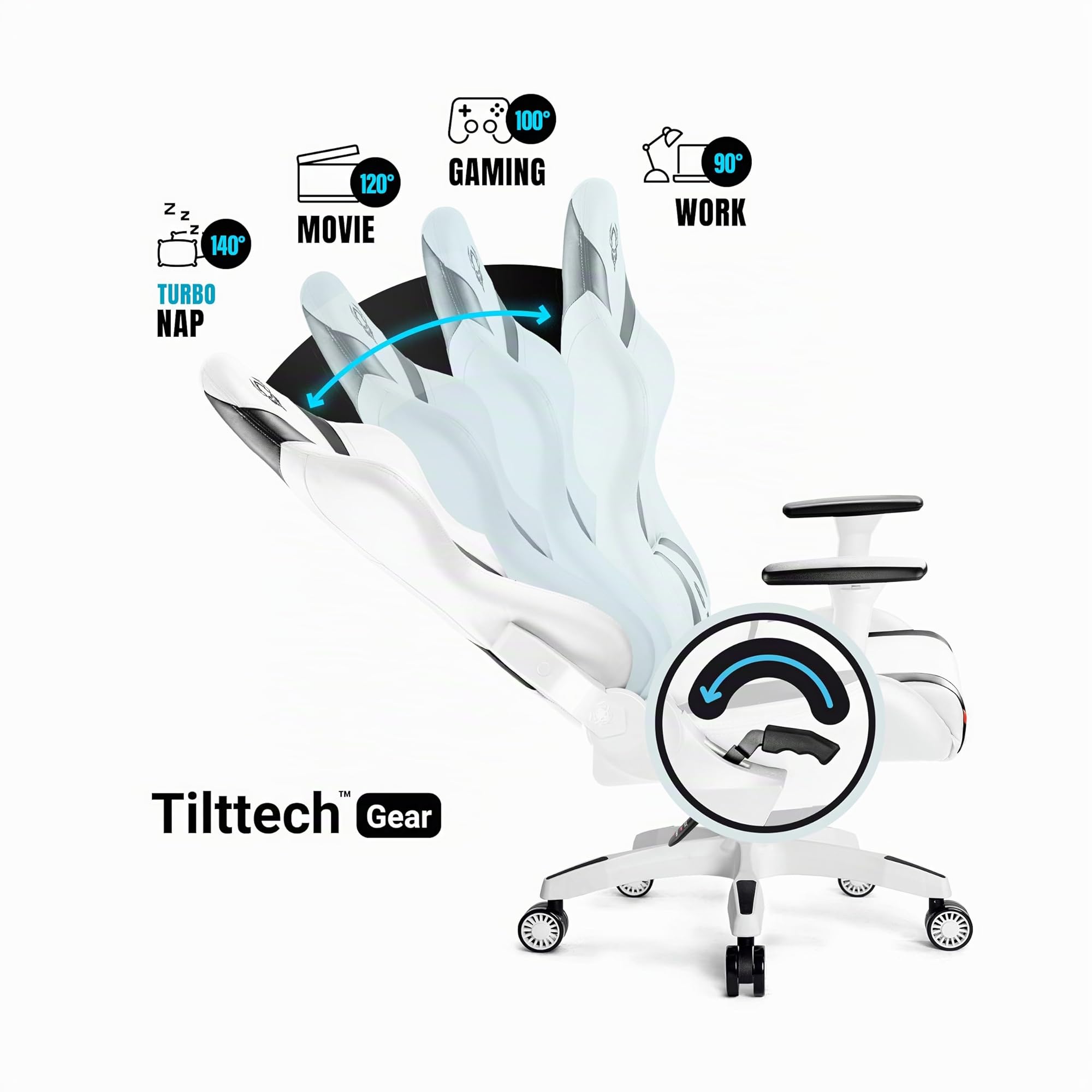 Diablo X-Horn Silla Gaming Oficina Gamer Apoyabrazos 3D Cojín Ajustable Diseño Ergonómico Cuero Sintético Función de Inclinación Blanco Normal (L)