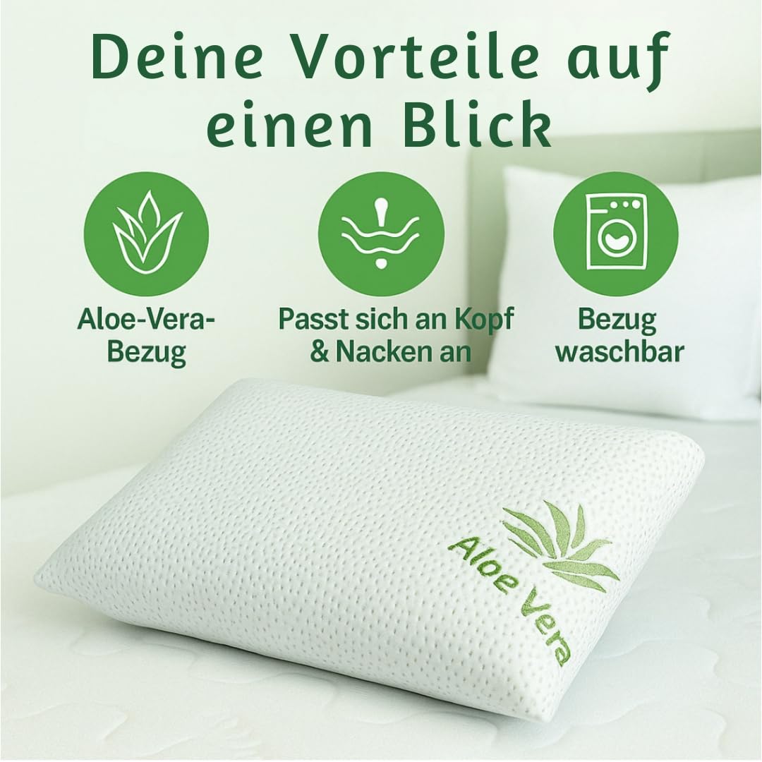 Aloe Vera Memory-Schaum Kopfkissen, Waschbarer Bezug mit Aloe-Vera-Extrakt, Ergonomisch für Kopf und Nacken, Weiß