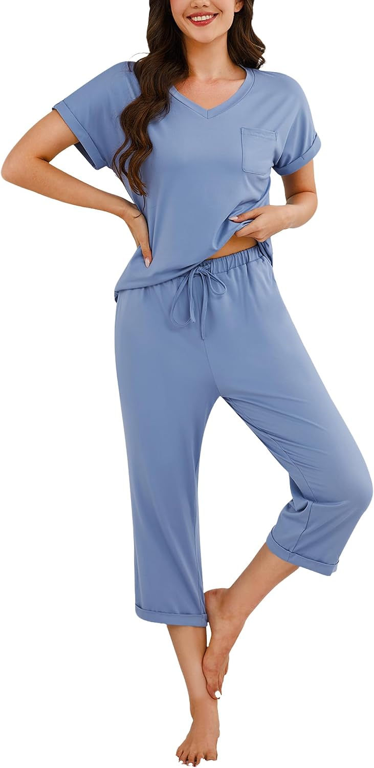 Marvmys Womens Short Sleeve Pajama Set Two Piece Summer Sleepwear V Neck Capri Pj Lounge Set with Pockets Blue 2XL