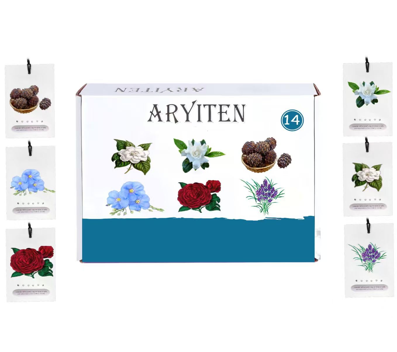 Aryiten 6-in-1 Natural Scented Sachets - 14 Pack Mixed Fragrance Collection with Rose, Lavender, Cedar, Linen, Jasmine &amp; Gardenia for Home, Closet, Drawer | Long Lasting Air Freshener