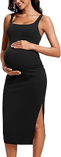 CRZ YOGA Women Butterluxe Sleeveless Tank Maternity Dress Split Ruched Pregnancy Square Neck Bodycon Casual Baby Shower