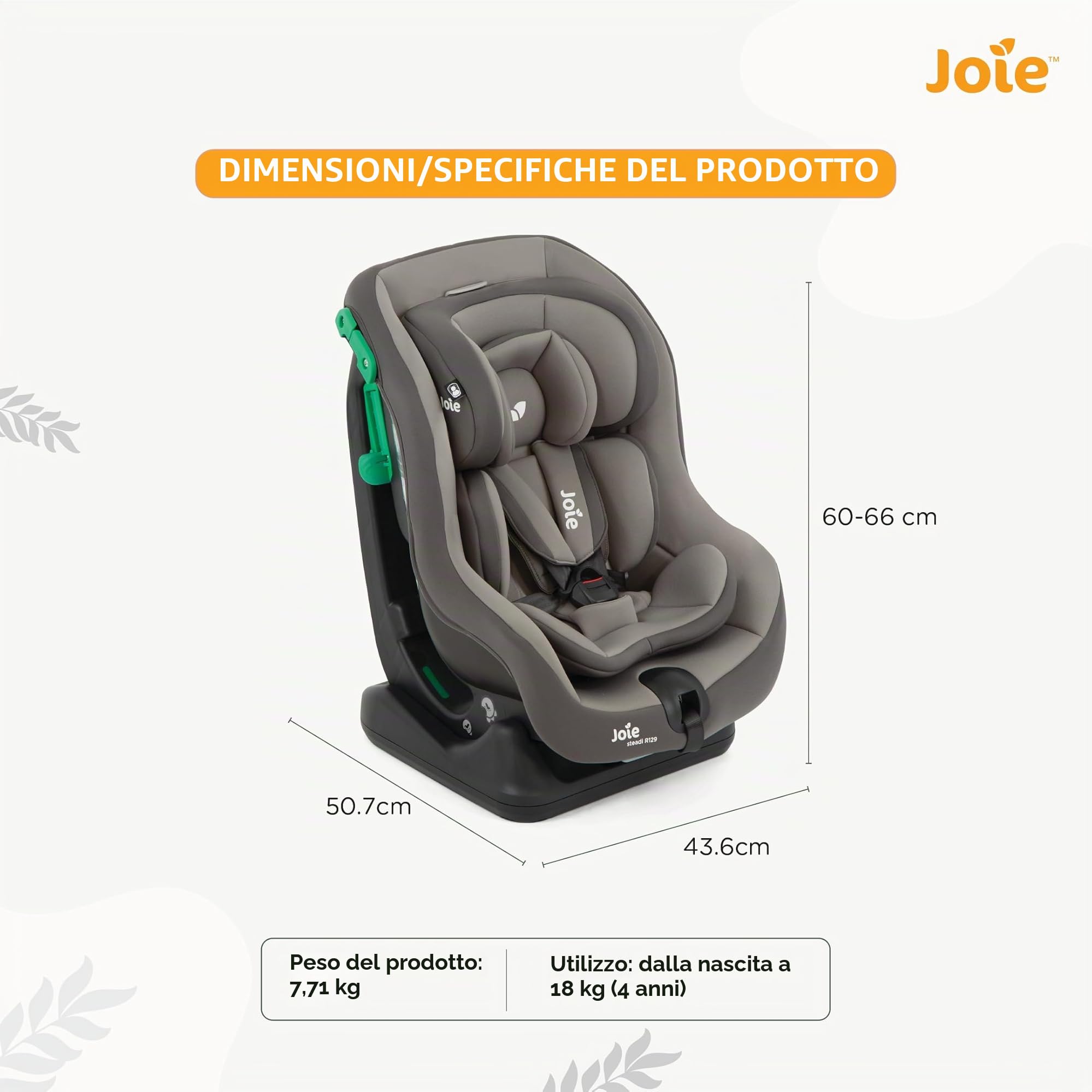 Joie steadi™ R129 seggiolino auto i-Size, contro e nel senso di marcia, 4 posizioni di reclinazione, protezione dagli impatti laterali – dalla nascita ai 4 anni (0–18 kg), cobblestone
