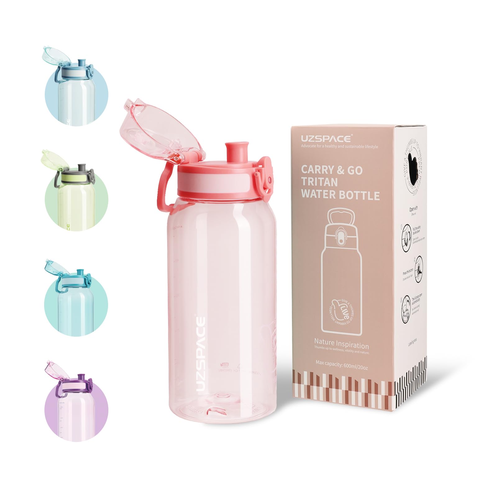 UZSPACE Water Bottle Kids with Handle - BPA Free Drinking Bottles for Adults - Clear Water Bottle 600ml with Capacity Scale - Leakproof Gym Bottles - Ideal for School or Sports & Outdoors Quartz Pink โ image 1