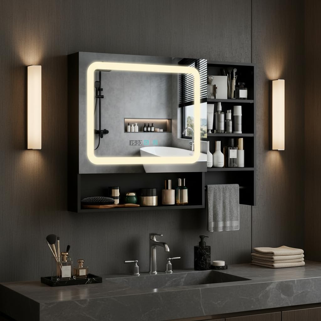YU YUSING Armoire Salle de Bain avec Miroir LED 80x60cm, Meuble de Toilette Suspendu avec 6 Étagères et Porte-Serviettes, Hauteur Réglable, Anti-Buée, 3 Températures de Lumière Réglables, Noir