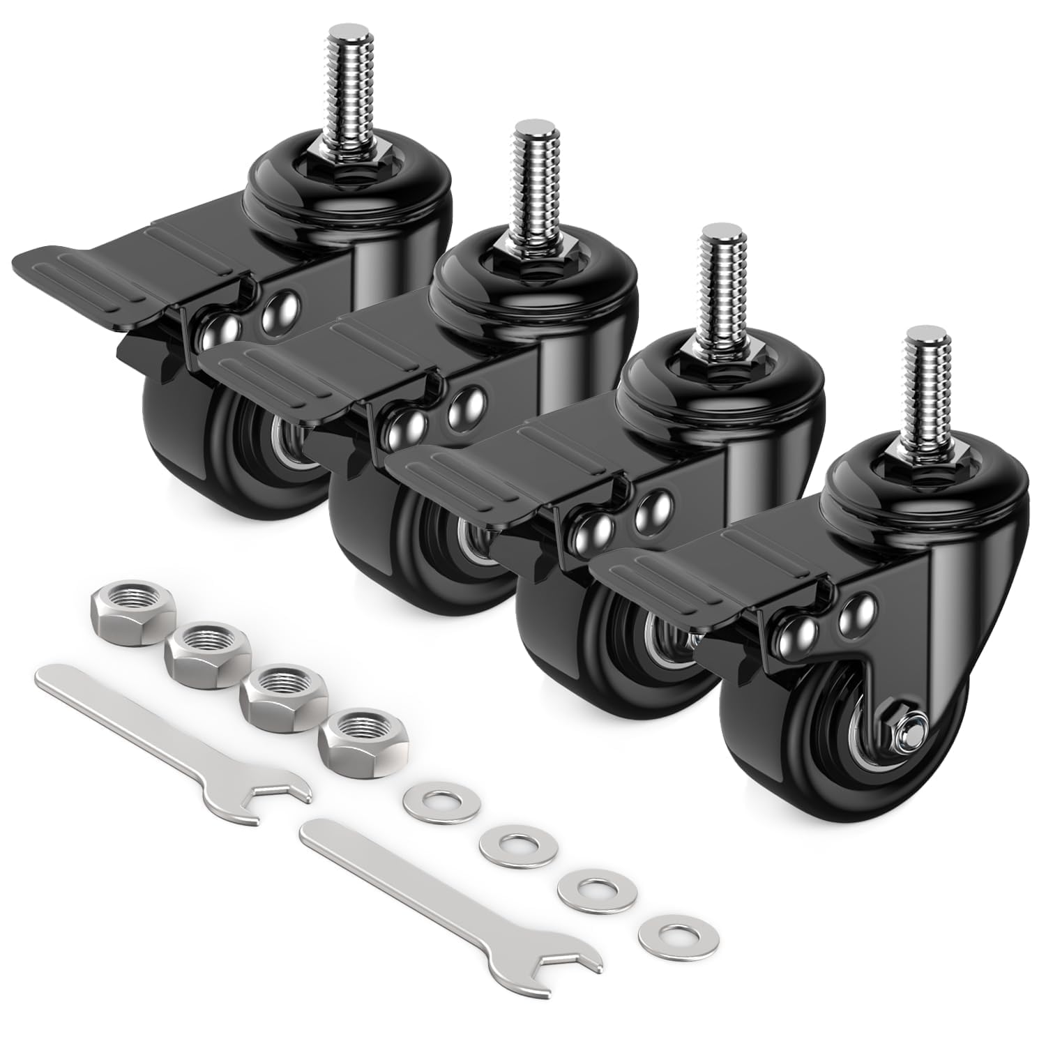 Zestaw 4 kółek 2-calowych, kółka z gwintowanym trzpieniem - 3/8"-16 x 1 (średnica trzpienia 3/8", długość trzpienia 1"), blokowane obrotowe koła poliuretanowe - obciążenie 600 funtów