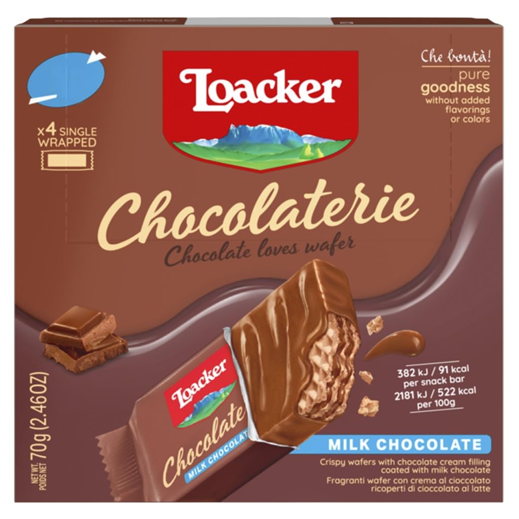 Loacker Wafer Biscuits, Milk Chocolate Wafer Bars,Box of Chocolate Biscuits, Individually Wrapped Biscuits,Classic Italian Biscuits,All Natural Ingredients,70g (Pack of 4 x Individually Wrapped Bars)