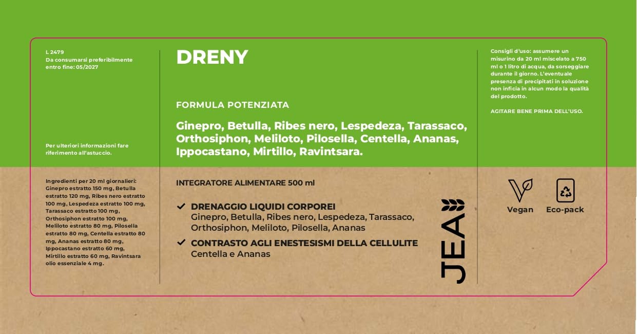 JEA DRENY Drenante Forte Anticellulite con 13 Estratti Naturali ad Alto Dosaggio al Sapore di Thè alla Pesca - Detox da 500ml per Gambe e Corpo