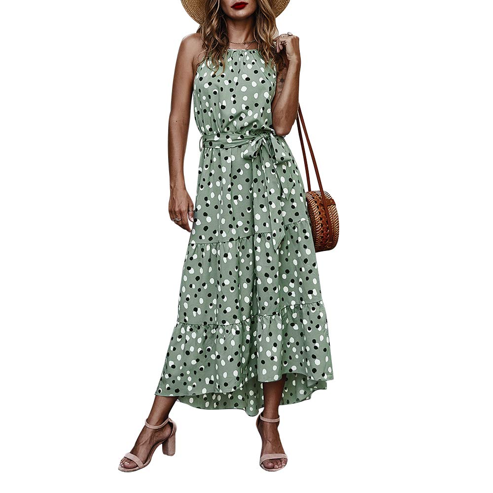 EXLURA Women Casual Boho Sundresses Polka Dot Backless Sleeveless Long Maxi Dress with Belt