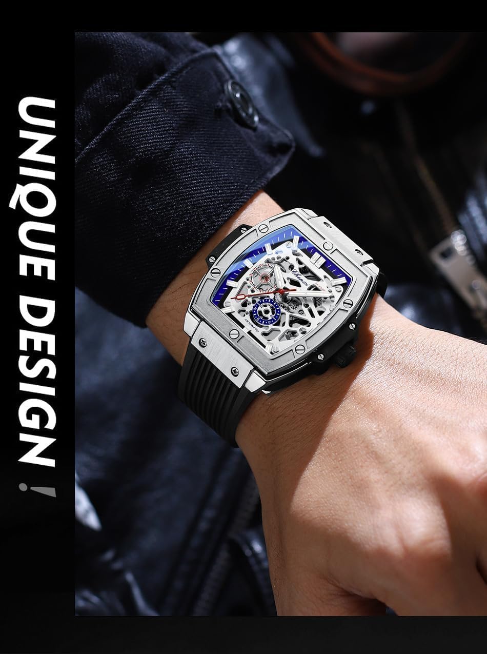 Reloj cuadrado cuadrado mecánico automático de alta calidad con cinta de silicona hueca impermeable y luminoso para hombre, plateado, Negocios