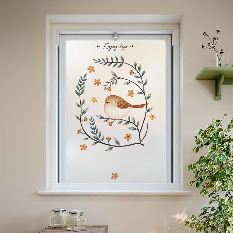 Blue Leaves Orange Privacy Film for Glass Windows Opaque Window Film Stained Glass Window Film