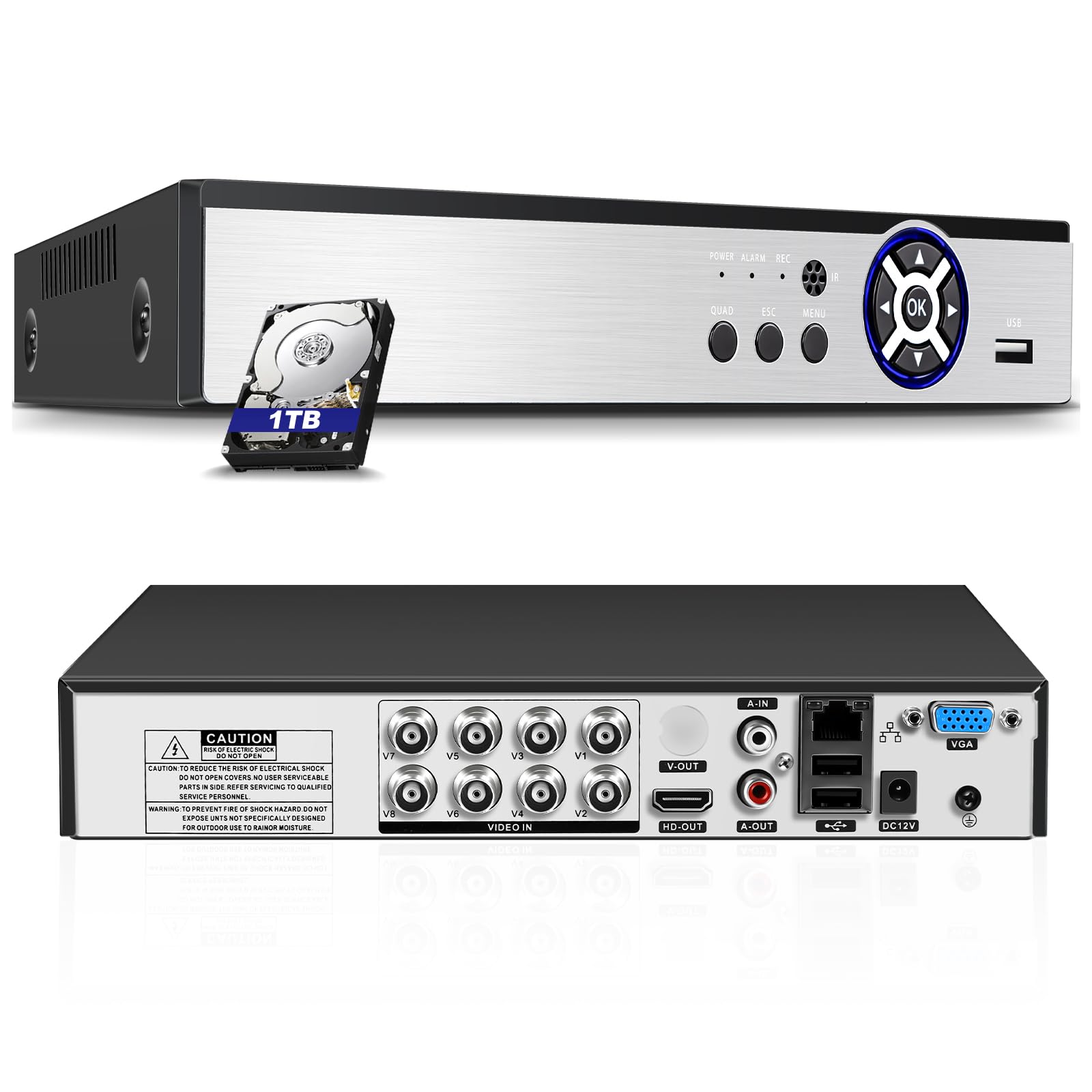 Grabador DVR de seguridad H.265+ de 8 canales de 5 MP con detección humana AI, DVR CCTV híbrido 6 en 1 de 8 canales para cámara de vigilancia, soporta cámaras analógicas e IP de 8 canales, aplicación