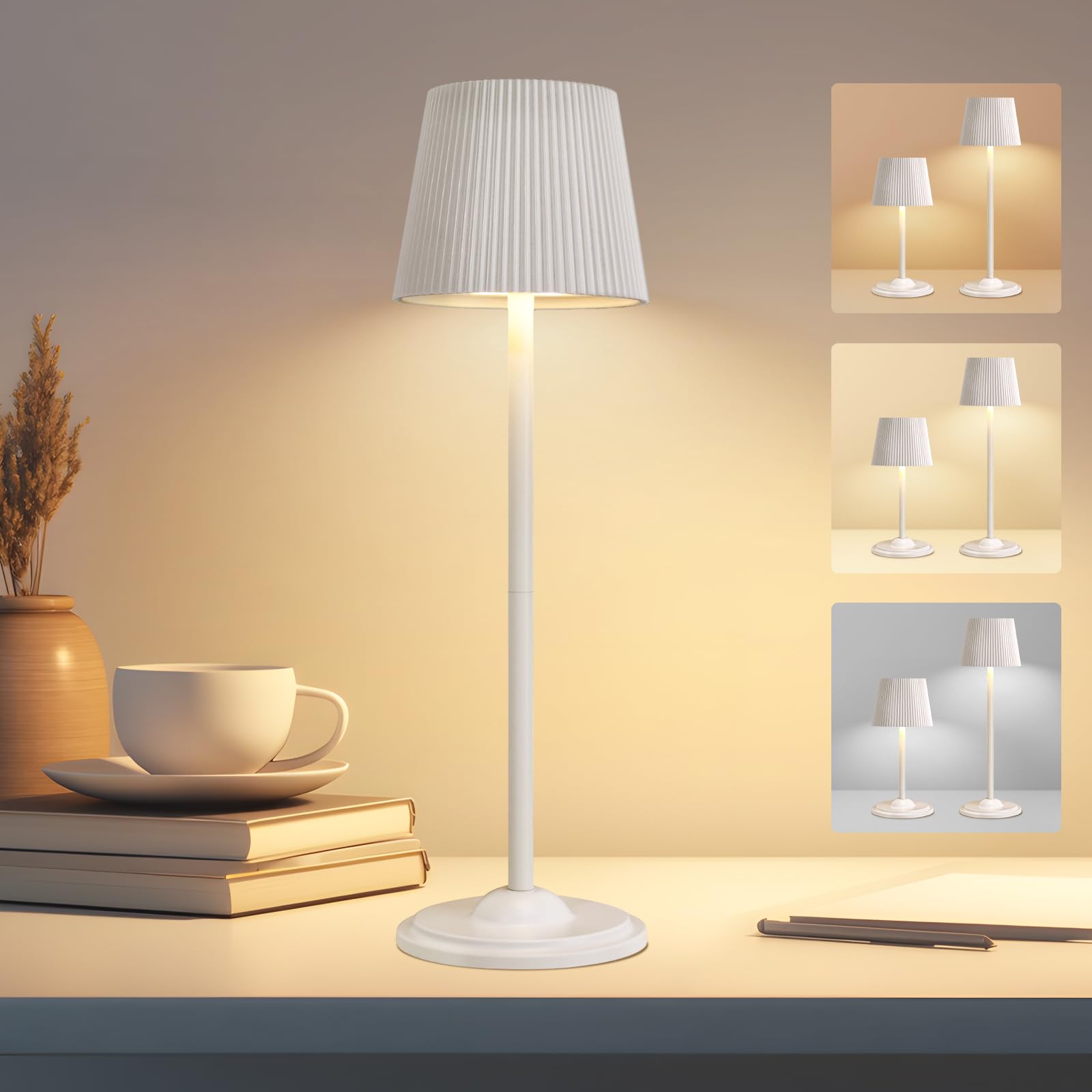 VKH Lámpara de Mesa LED Recargable Blanca, Táctil y Regulable con 3 Tonos, Diseño Portátil Desmontable, USB-C, Sin Cable, para Dormitorio, Lectura, Oficina, Interior y Exterior