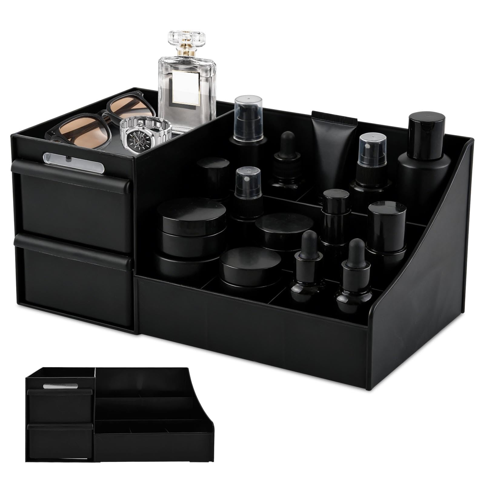 Photo 1 of ***STOCK PHOTO FOR REFERENCE ONLY*** Mens Bathroom Counter Organizer with 7 Compartments & 2 Deep Drawers, Large Capacity Black Cologne and Perfume Display Stand for Vanity, Skincare Storage, Desk - No Assembly
