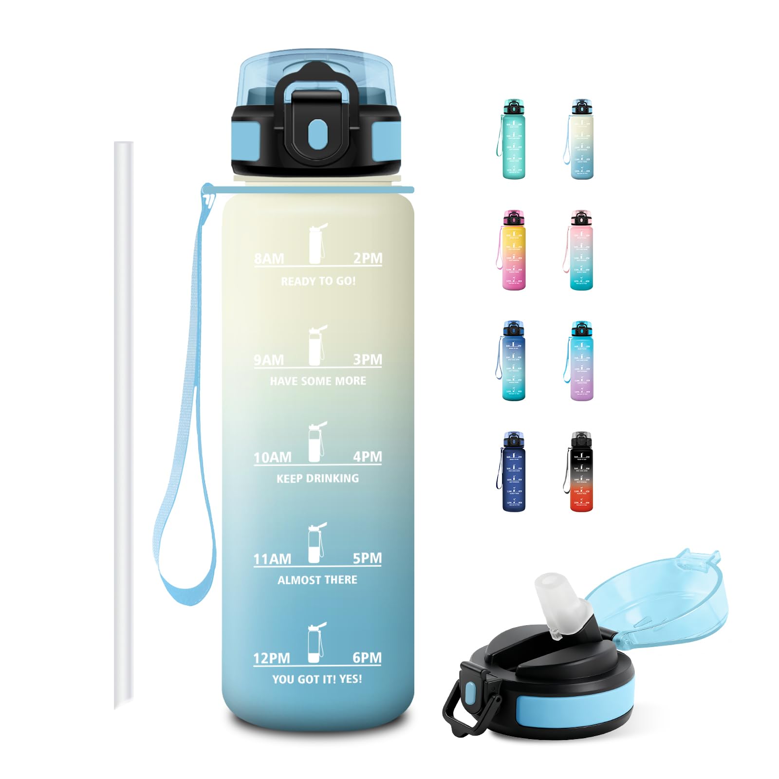 JAPORIA 1L Water Bottle with Straw, Motivational Water Bottles, BPA-Free, Time Markers Bottle for Students, Office, Sporting