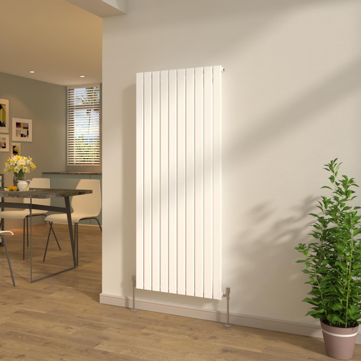 NRG Designer Gloss White Vertical Radiator 1600x680mm Flat Panel Single Column Central Heating Rads + Free Angled Valves