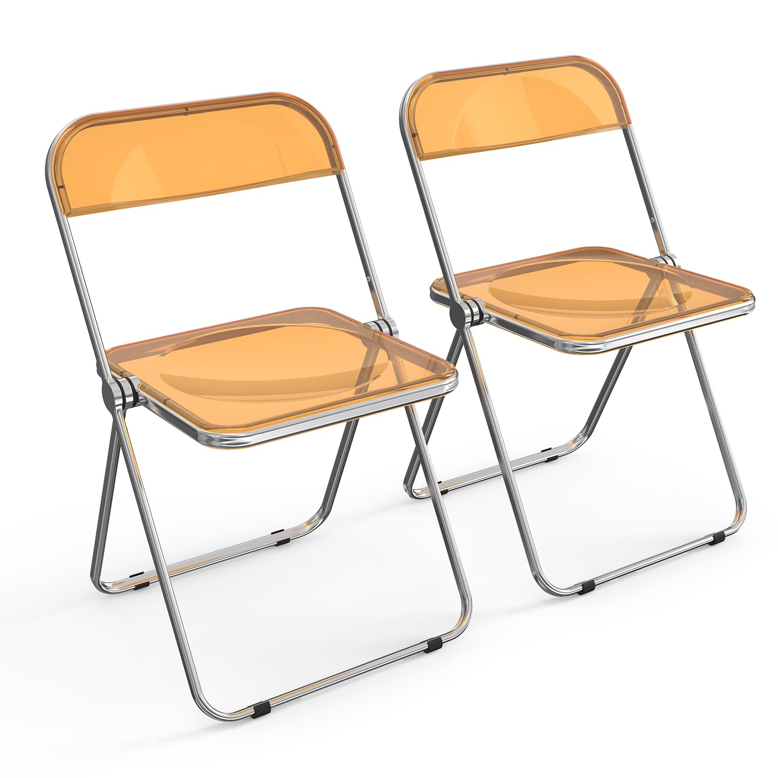 VINGLI Acrylic Folding Chairs 2 Pack, Clear Chair Foldable and Stackable, Plastic Panel & Metal Chrome Frame, Weight Capacity 350 lbs, Orange
