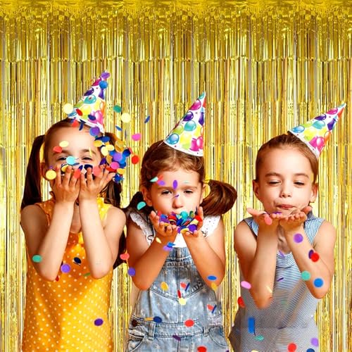 Image of 4 Pack Gold Foil Fringe Curtain Backdrop, 3.28Ft x 8.2Ft Metallic Tinsel Foil Fringe Streamer Curtains for Photo Booth Props, Birthday, Wedding, New Year's, Christmas Decoration Party Supplies New
