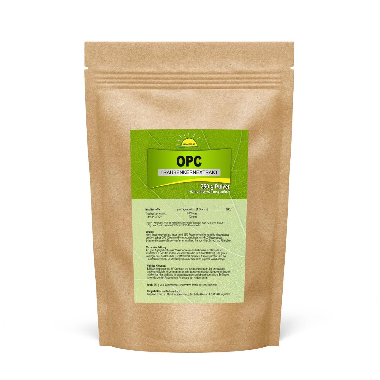 Premium OPC Traubenkernextrakt, Pulver, 95% (70% nach HPLC), 250 g Pulver im Beutel, Bonemis®