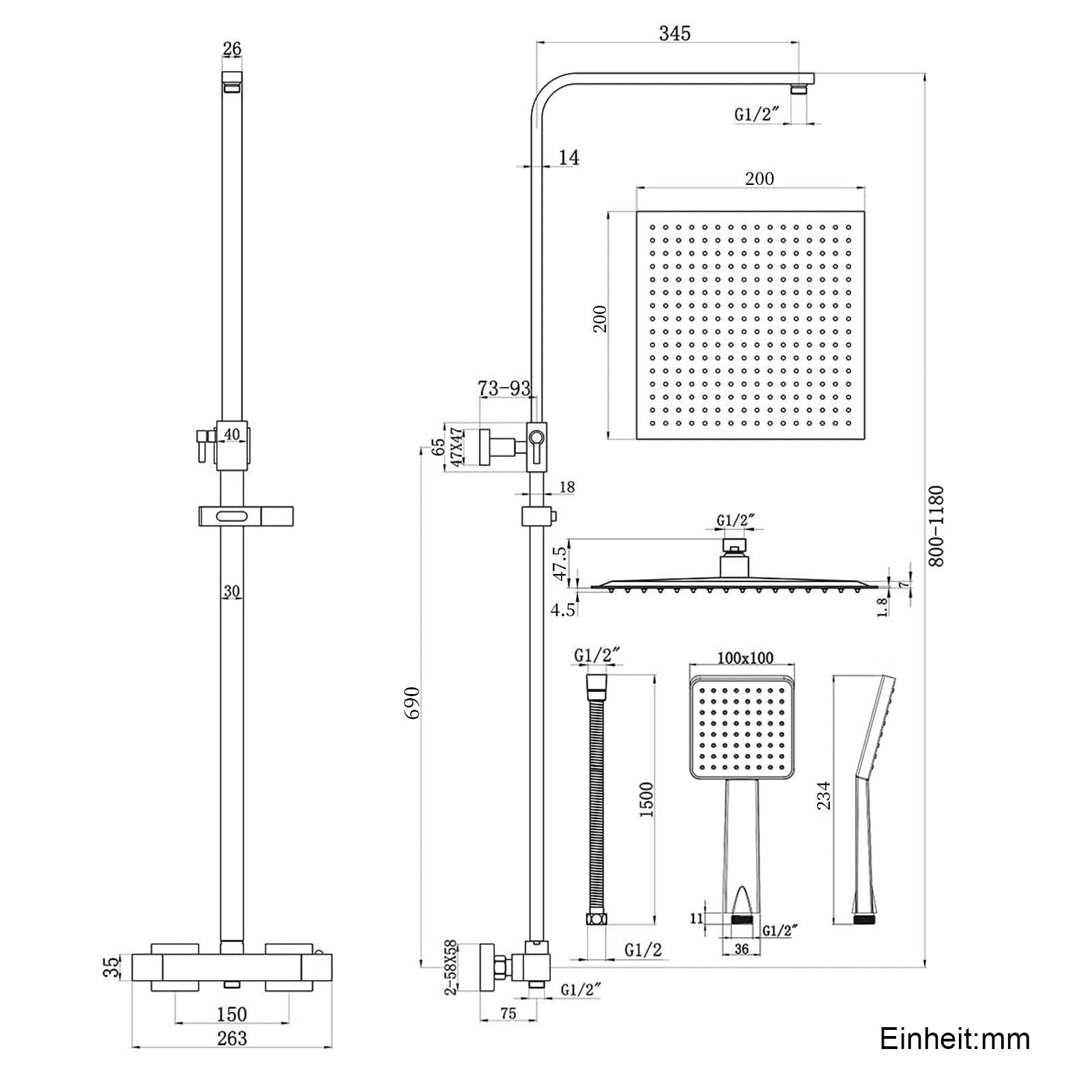 Heilmetz Duschsystem Schwarz Duschsystem mit Thermostat Regendusche Duschset, 304 Edelstahl Duschsäule mit Kopfbrause und Handbrause, Eckig 20x20cm Regenbrause HöHenverstellbar Duschstange 800-1180mm