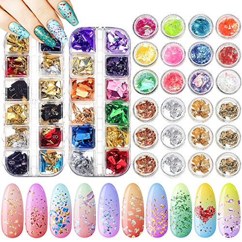 48 Boxes Glitter Nail Sequin Flakes Colorful Irregular Foil Nail Paillette Chips Holographic Mermaid Nail Flakes for Manicure Nail Decoration