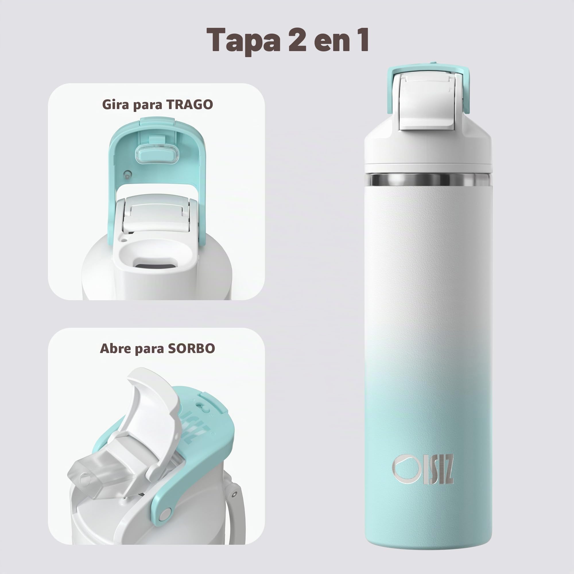 Botella de agua aislada con tapa 2 en 1, botella de agua de acero inoxidable de 24 onzas con boquilla de popote y remolque, termo al vacío con mango portátil y popote de silicona, a prueba de fugas,